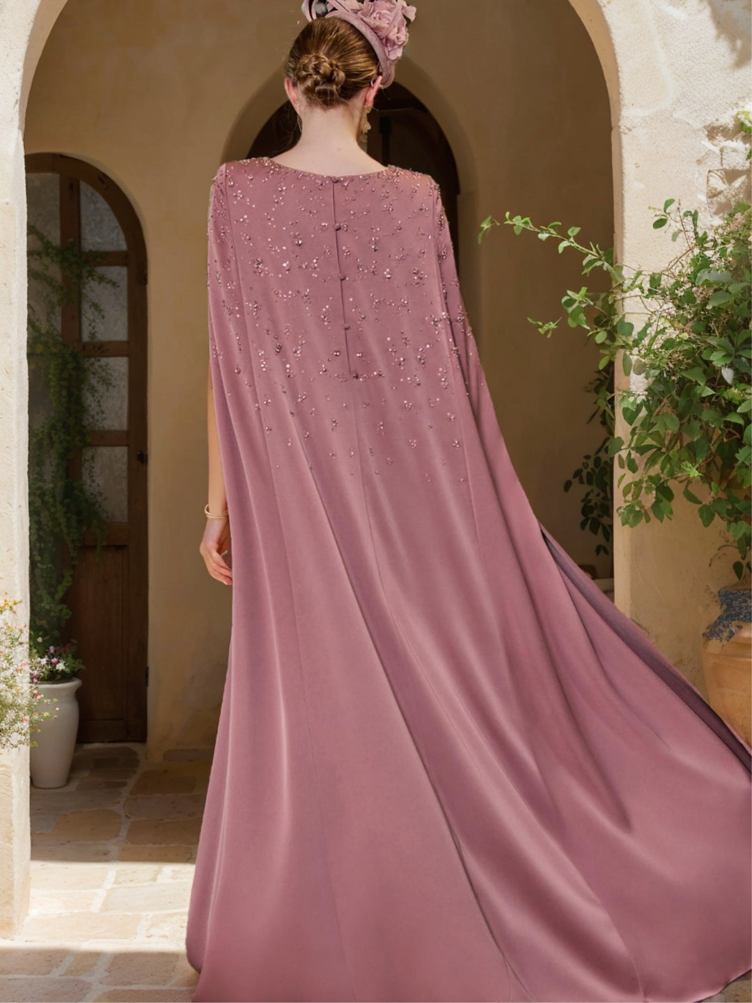 Sheath/Column Two-Piece Round Neck Floor-Length Wedding Guest Dresses with Beading