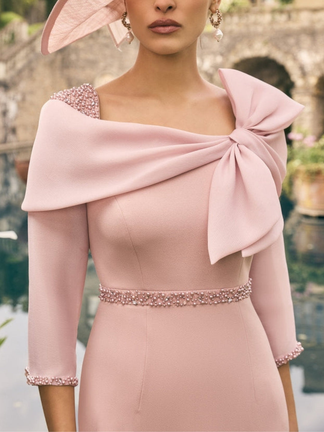 Sheath/Column Square Neck 3/4 Sleeves Ankle-Length Mother of the Bride Dresses with Bowknot
