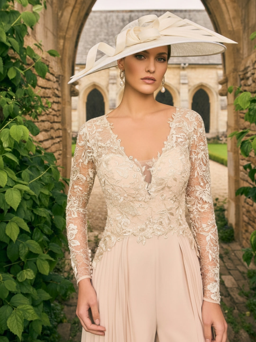 Chiffon V-Neck Floor-Length Mother of the Bride Pantsuits with Split Side and Embroidery Tulle