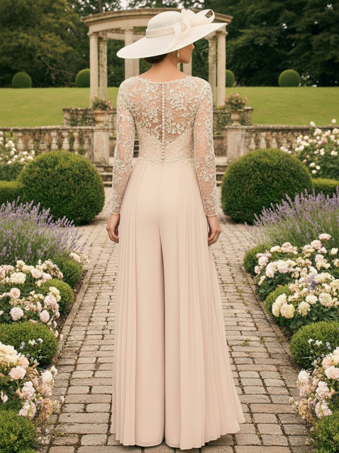 Chiffon V-Neck Floor-Length Mother of the Bride Pantsuits with Split Side and Embroidery Tulle