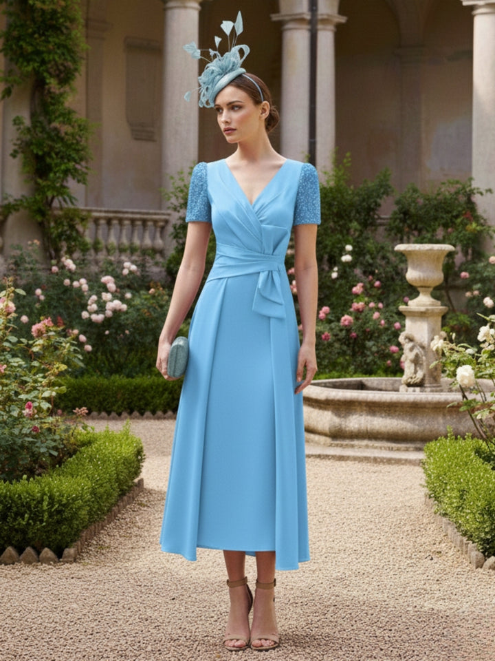 A-Line/Princess V-Neck Short Sleeves Ankle-Length Mother of the Bride Dresses with Bowknot