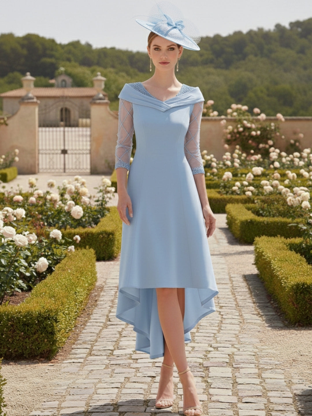 A-Line/Princess 3/4 Sleeves Knee-Length Asymmetrical Mother of the Bride Dresses with Beadings