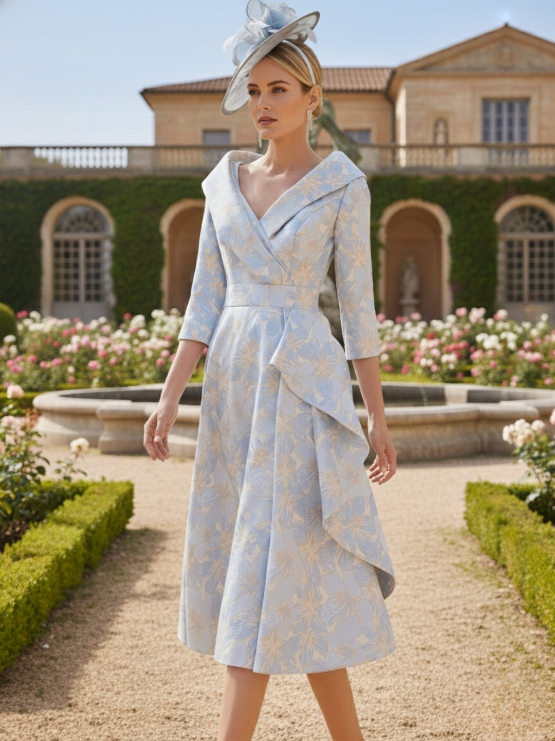 A-Line/Princess V-Neck Tea-Length Printed Flower Mother of the Bride Dresses