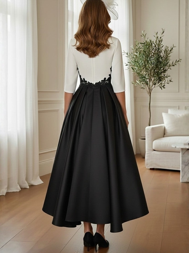 A-Line/Princess V-Neck 3/4 Sleeves Tea-Length Asymmetrical Mother of the Bride Dresses with Appliques