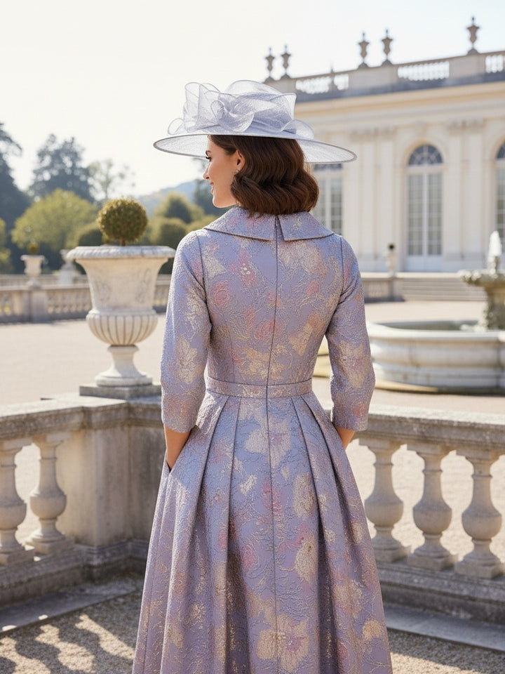 A-Line/Princess Scoop 3/4 Sleeves Printed Flower Tea-Length Mother of the Bride Dresses