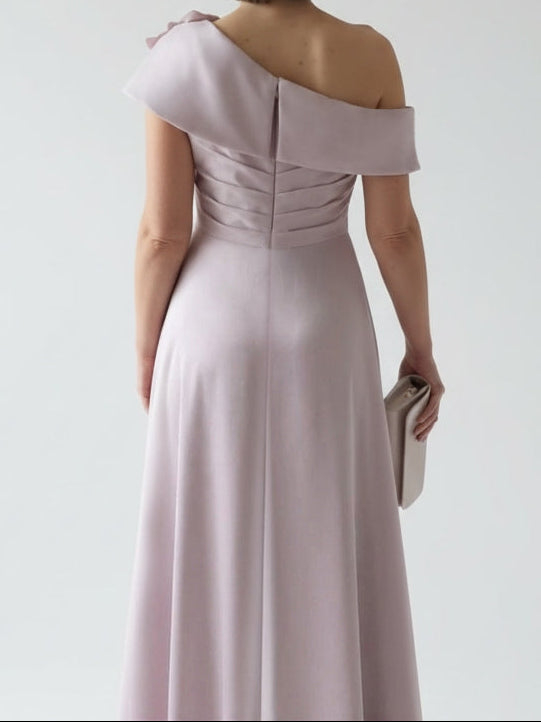 A-Line/Princess Off-the-Shoulder Pleated Tea-Length Mother of the Bride Dresses with 3D Flower