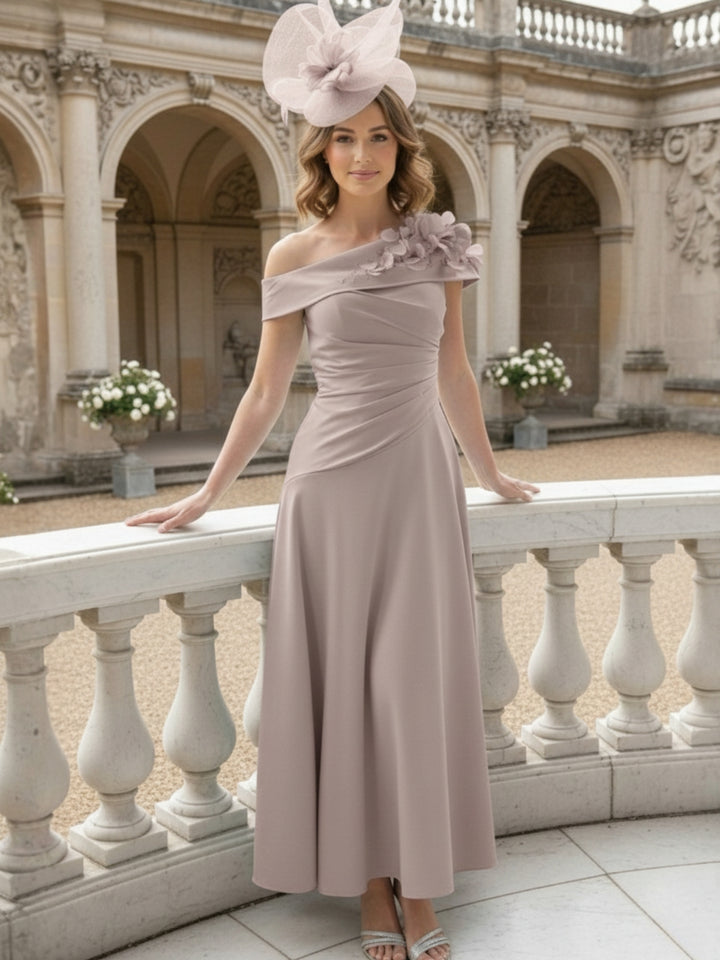 A-Line/Princess Off-the-Shoulder Pleated Tea-Length Mother of the Bride Dresses with 3D Flower