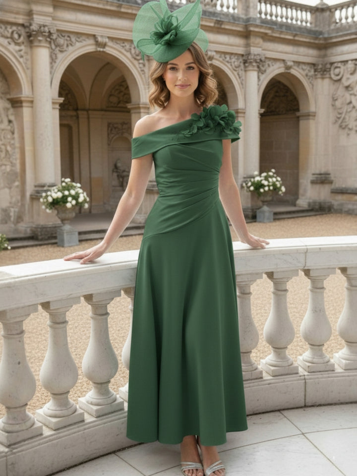 A-Line/Princess Off-the-Shoulder Pleated Tea-Length Mother of the Bride Dresses with 3D Flower