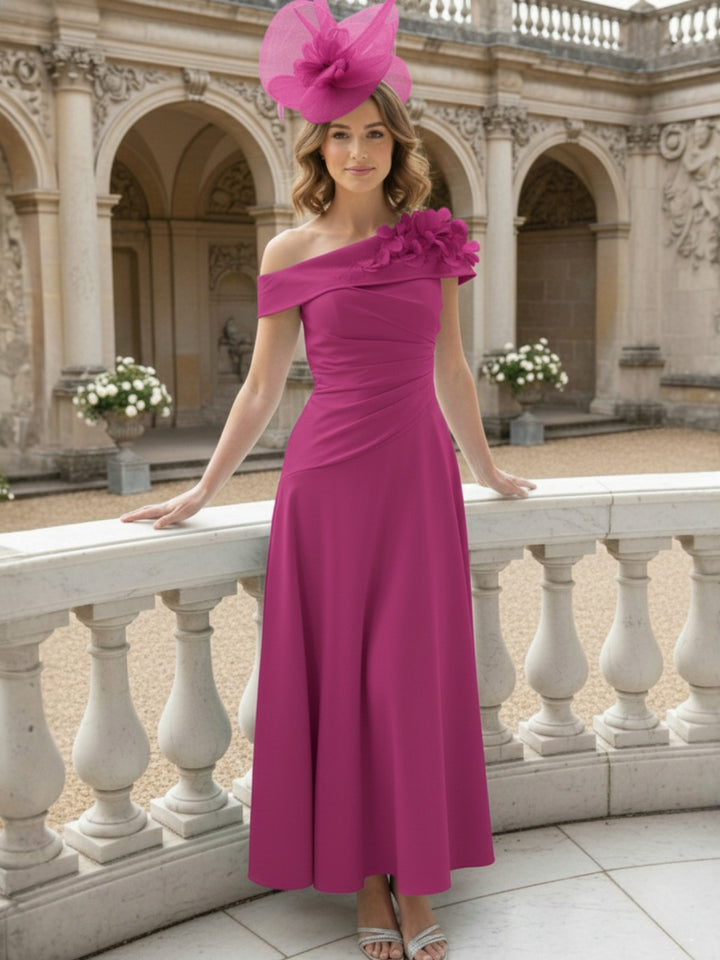 A-Line/Princess Off-the-Shoulder Pleated Tea-Length Mother of the Bride Dresses with 3D Flower