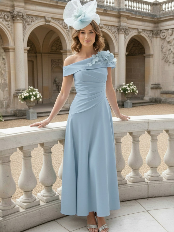 A-Line/Princess Off-the-Shoulder Pleated Tea-Length Mother of the Bride Dresses with 3D Flower