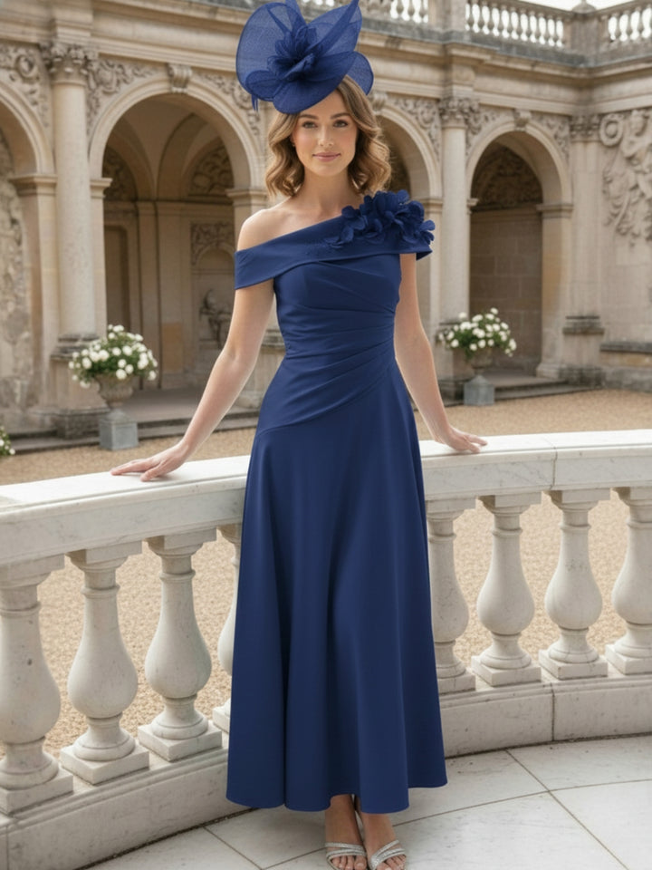 A-Line/Princess Off-the-Shoulder Pleated Tea-Length Mother of the Bride Dresses with 3D Flower