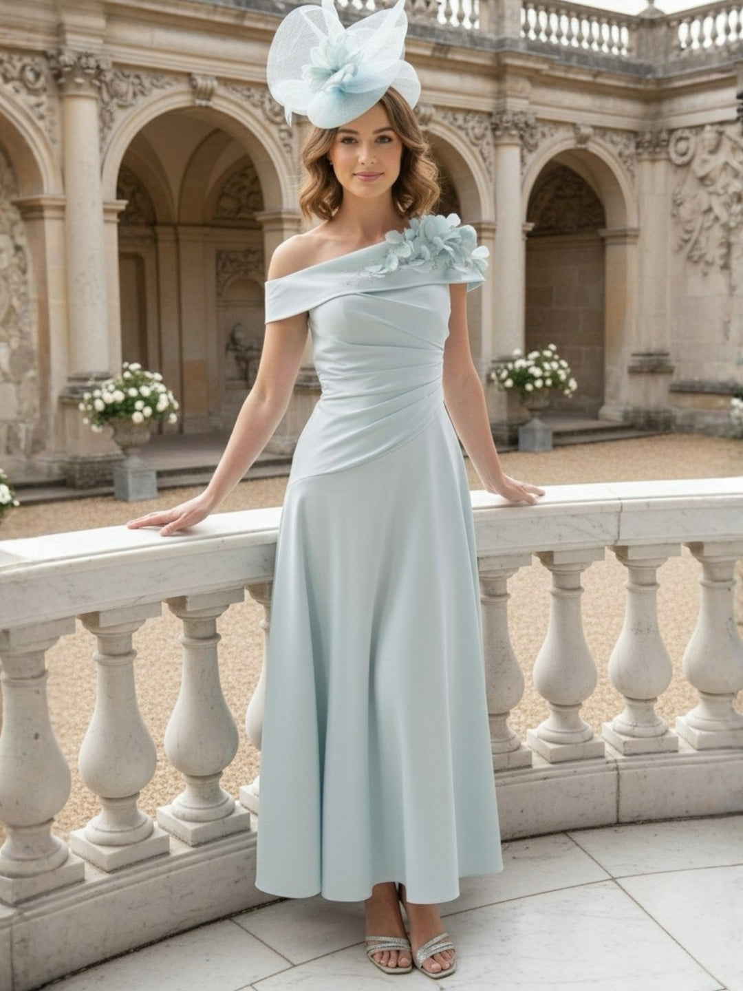 A-Line/Princess Off-the-Shoulder Pleated Tea-Length Mother of the Bride Dresses with 3D Flower