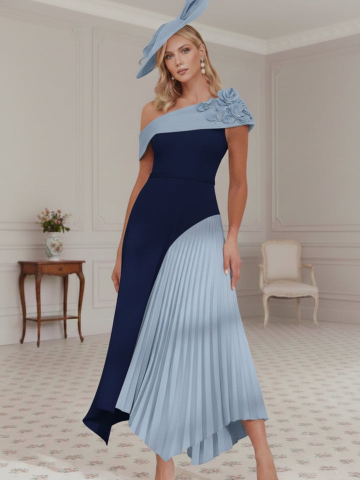 A-Line/Princess Off-the-Shoulder Pleated Tea-Length Mother of the Bride Dresses with 3D Flower