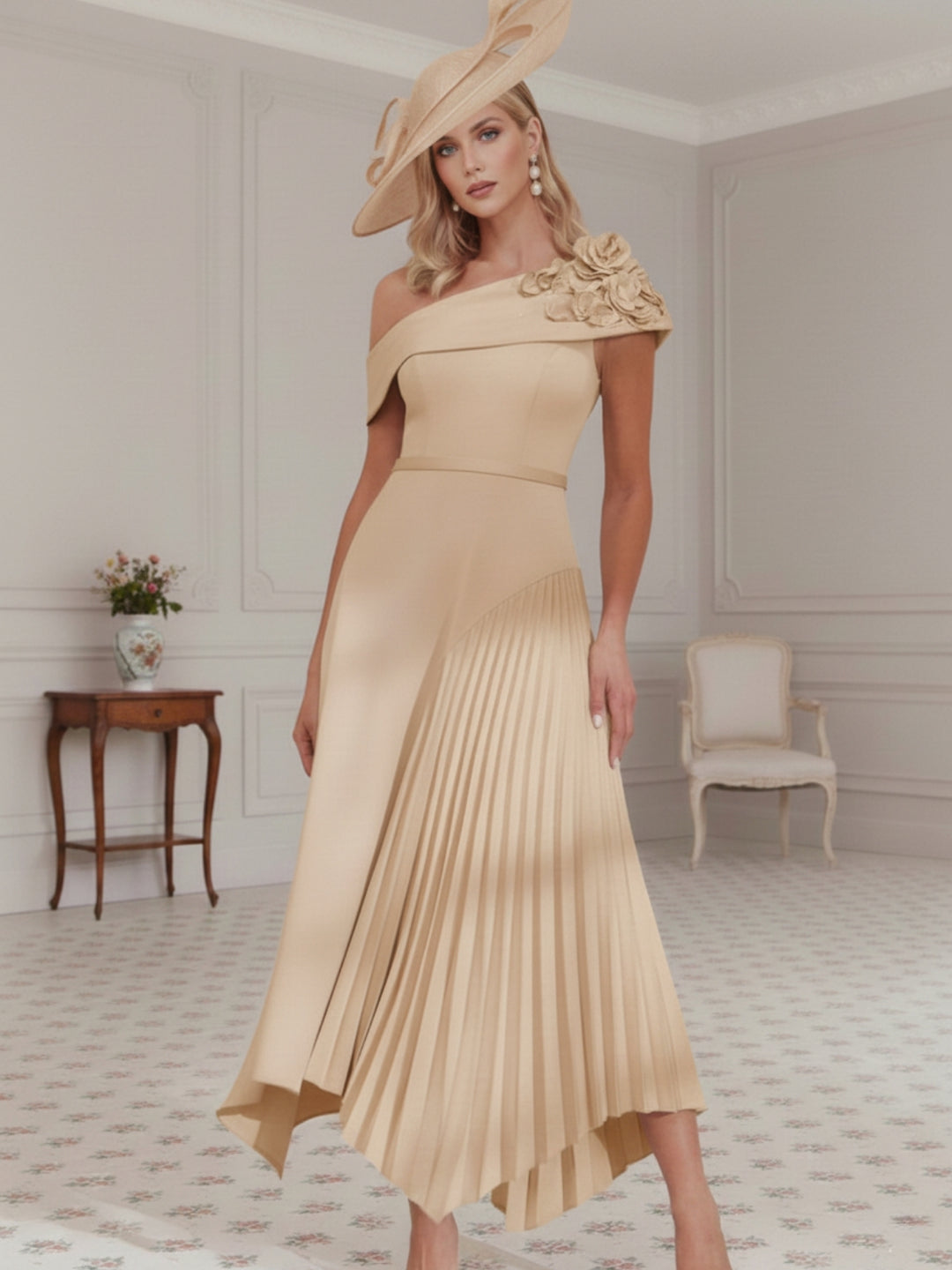 A-Line/Princess Off-the-Shoulder Pleated Tea-Length Mother of the Bride Dresses with 3D Flower