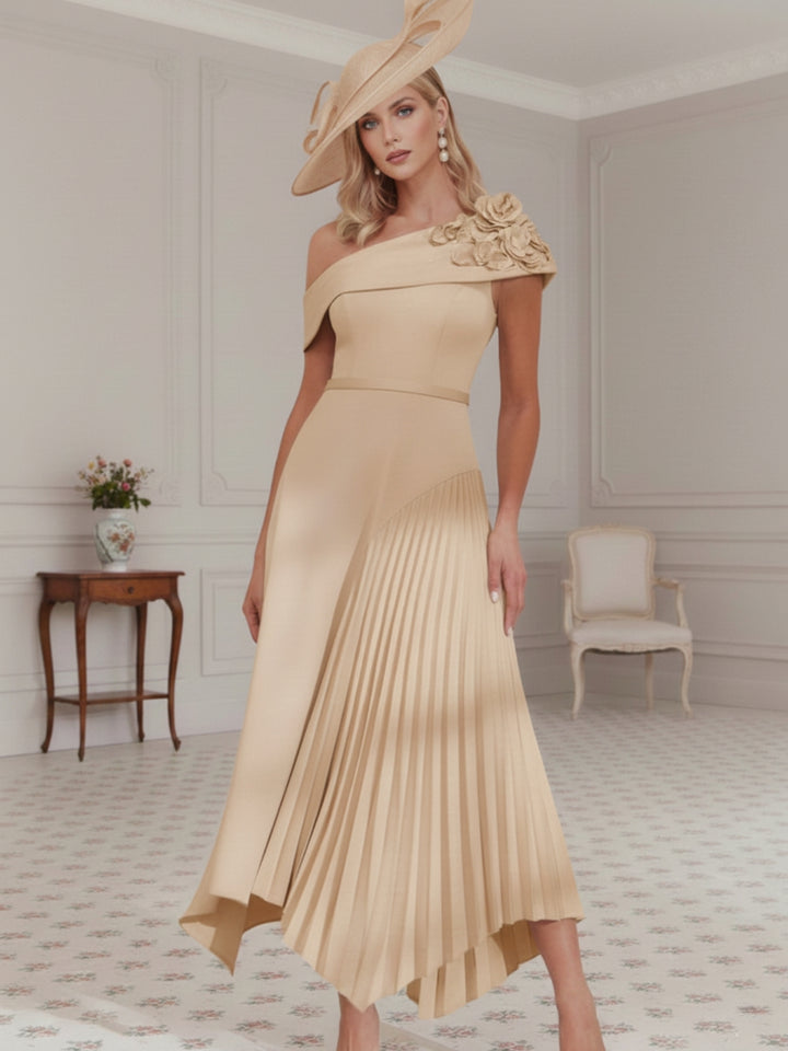 A-Line/Princess Off-the-Shoulder Pleated Tea-Length Mother of the Bride Dresses with 3D Flower