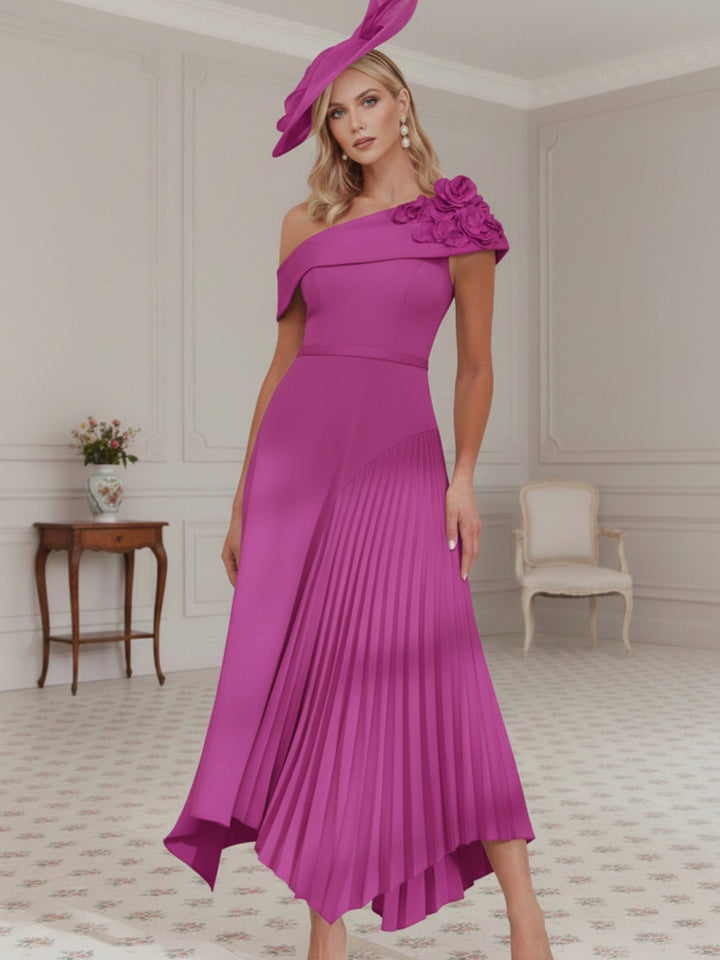 A-Line/Princess Off-the-Shoulder Pleated Tea-Length Mother of the Bride Dresses with 3D Flower
