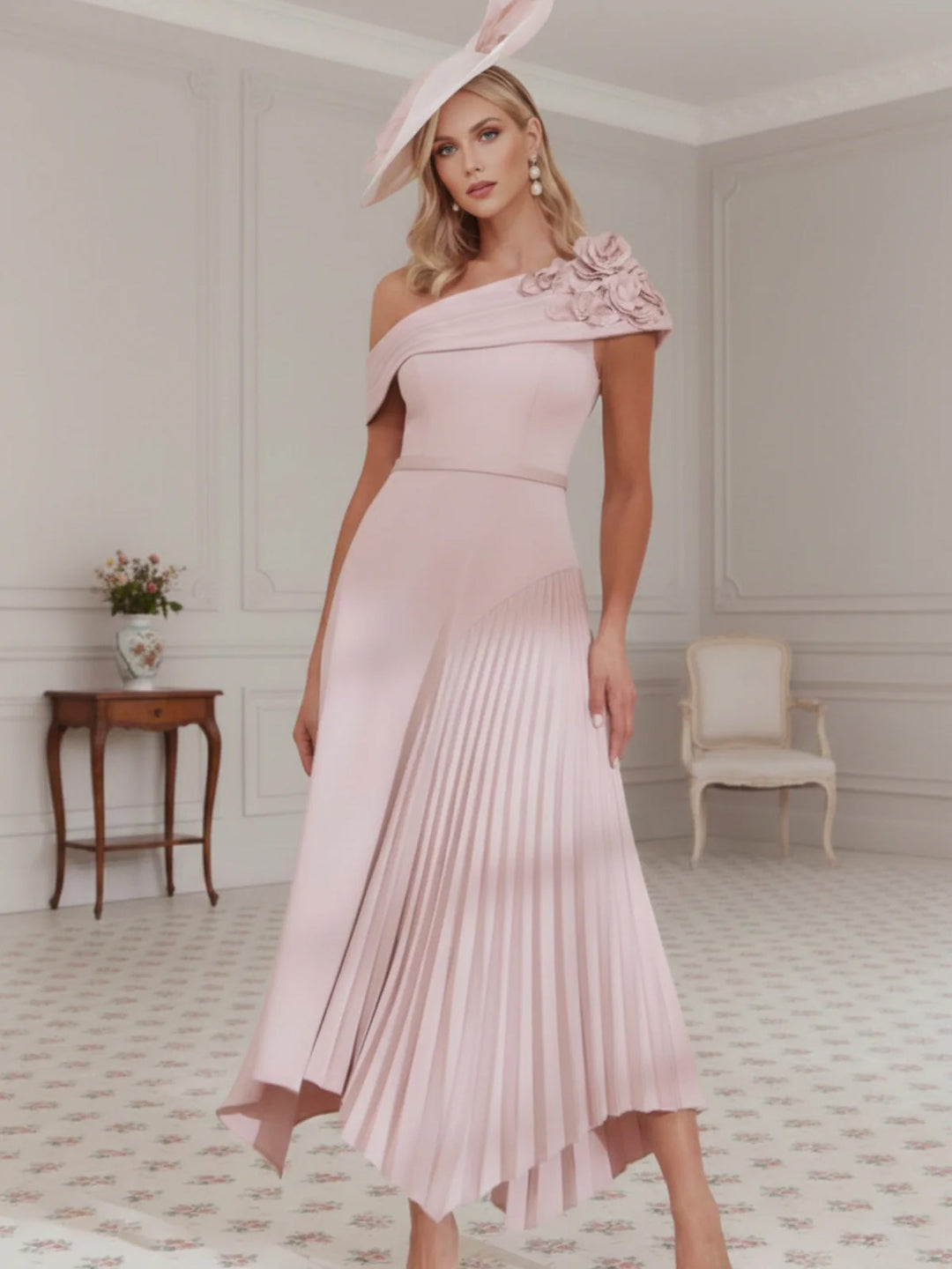 A-Line/Princess Off-the-Shoulder Pleated Tea-Length Mother of the Bride Dresses with 3D Flower