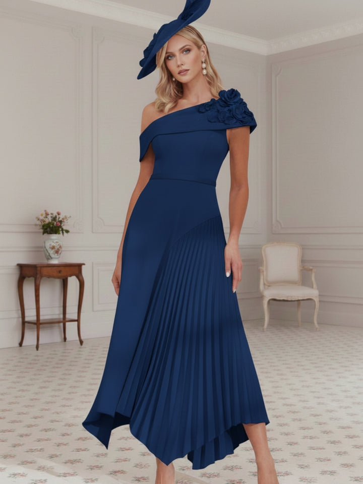 A-Line/Princess Off-the-Shoulder Pleated Tea-Length Mother of the Bride Dresses with 3D Flower
