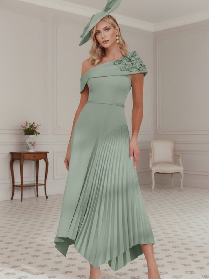 A-Line/Princess Off-the-Shoulder Pleated Tea-Length Mother of the Bride Dresses with 3D Flower