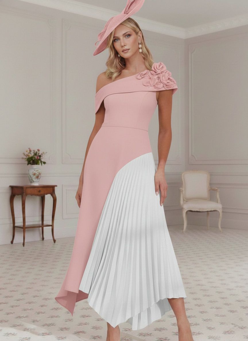 A-Line/Princess Off-the-Shoulder Pleated Tea-Length Mother of the Bride Dresses with 3D Flower