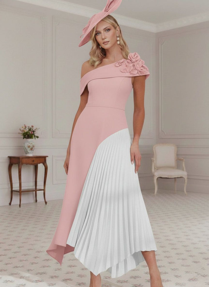 A-Line/Princess Off-the-Shoulder Pleated Tea-Length Mother of the Bride Dresses with 3D Flower