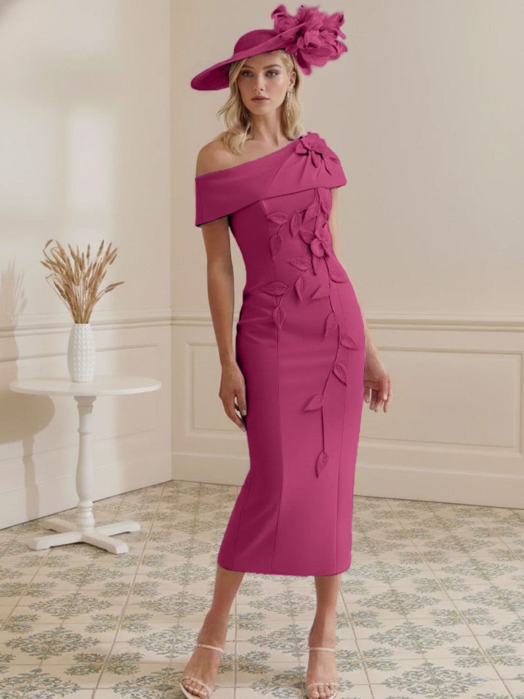 Sheath/Column Off-the-shoulder Short Sleeves Tea-Length Mother of the Bride Dresses with 3D Flowers