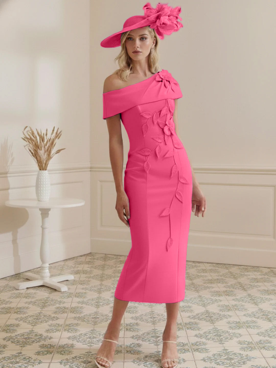 Sheath/Column Off-the-shoulder Short Sleeves Tea-Length Mother of the Bride Dresses with 3D Flowers