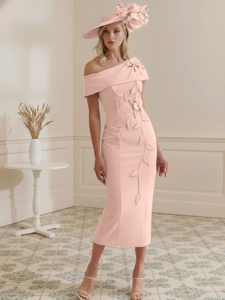 Sheath/Column Off-the-shoulder Short Sleeves Tea-Length Mother of the Bride Dresses with 3D Flowers