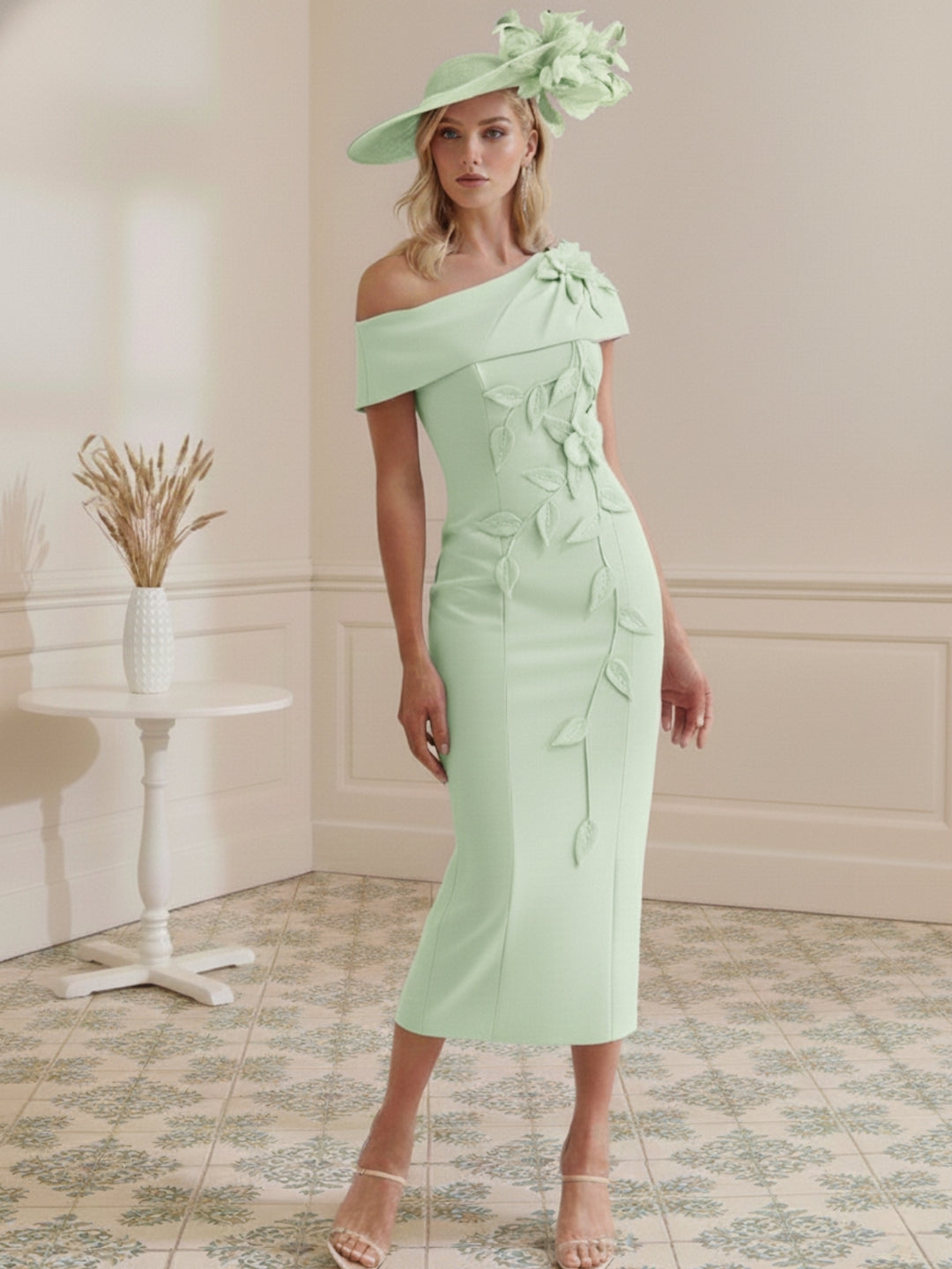 Sheath/Column Off-the-shoulder Short Sleeves Tea-Length Mother of the Bride Dresses with 3D Flowers