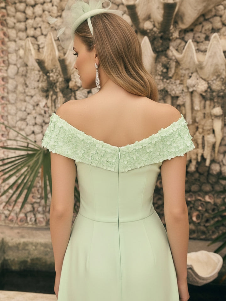 Sheath/Column Off-the-Shoulder Short Sleeves Tea-Length 3D Flower Mother of the Bride Dresses