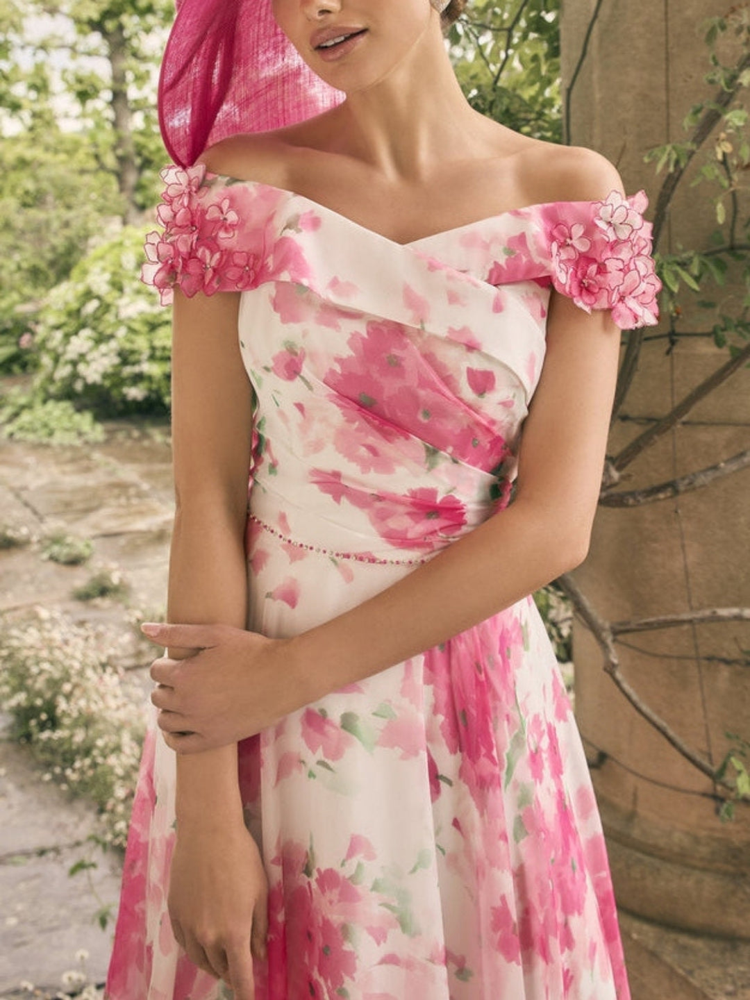 A Line/Princess Off-the-Shoulder Short Sleeves Tea-Length Printed Flower Mother of the Bride Dress