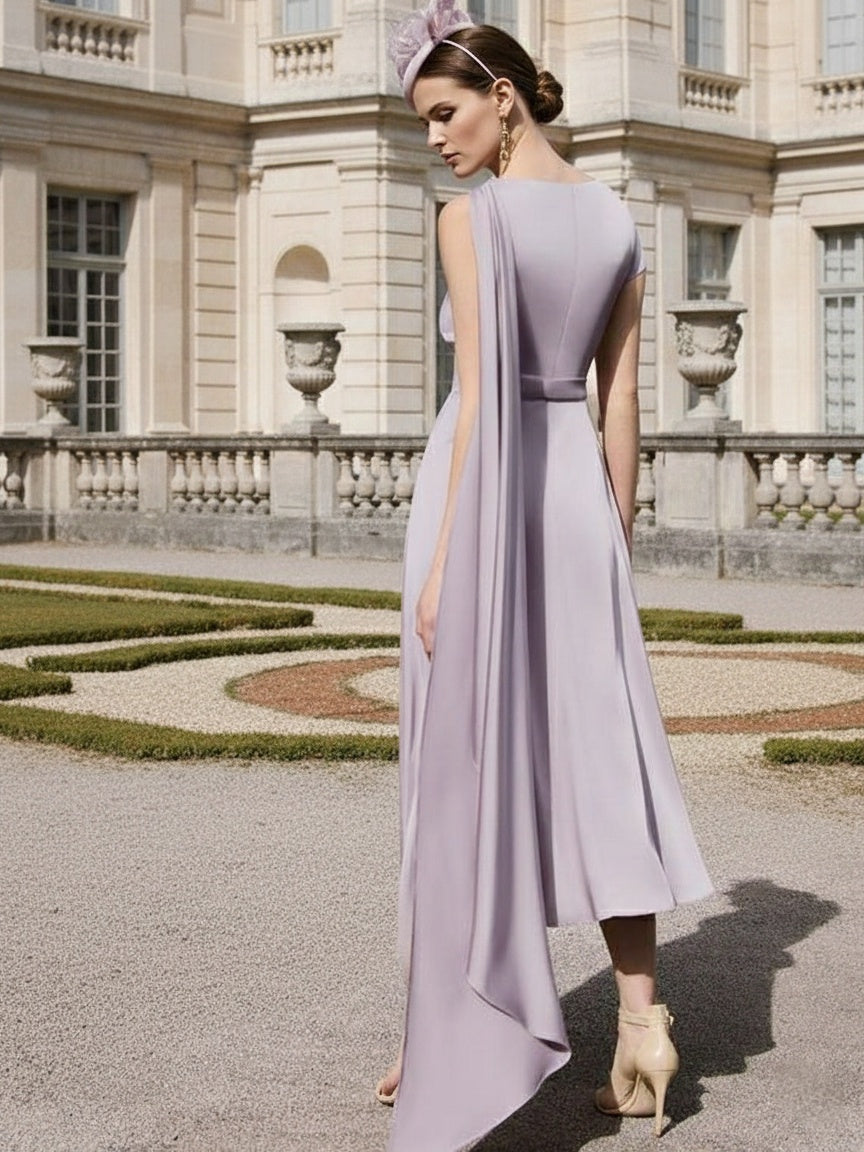 A-Line/Princess One-Shoulder Drape Tea-Length Mother of the Bride Dresses