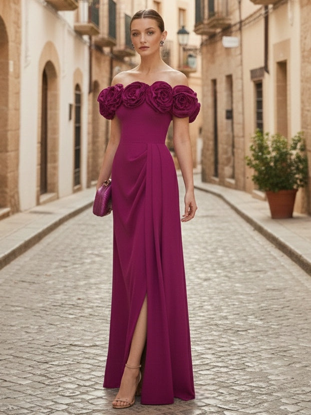 Sheath/Column Off-the-Shoulder Sleeveless Floor-Length Side Slit Wedding Guest Dresses with 3D Flower