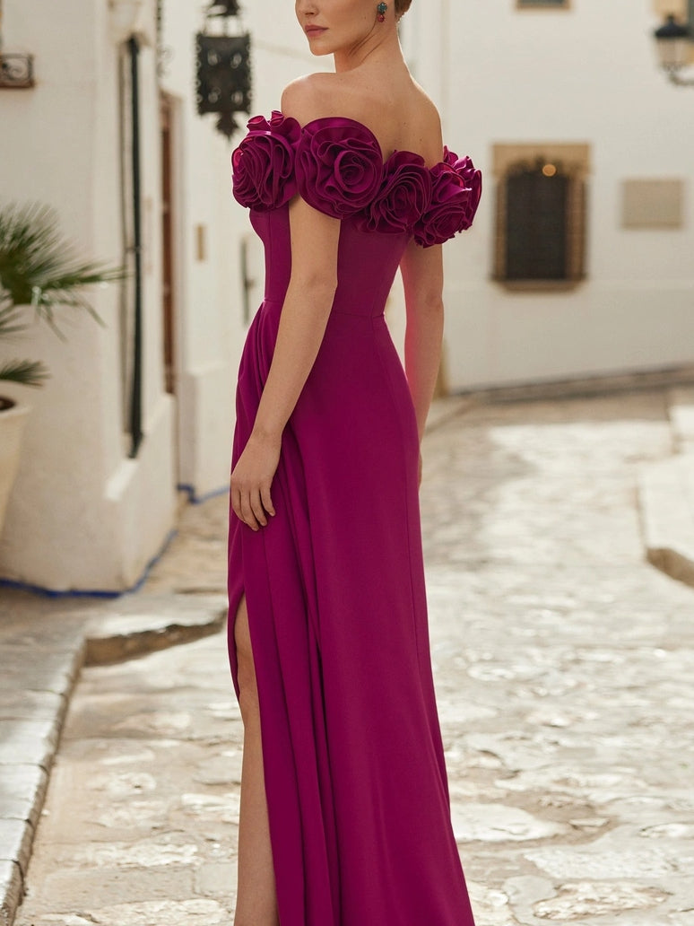 Sheath/Column Off-the-Shoulder Sleeveless Floor-Length Side Slit Wedding Guest Dresses with 3D Flower