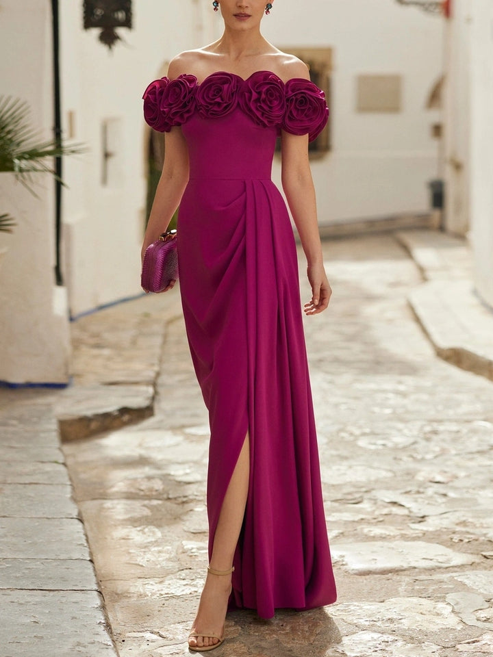 Sheath/Column Off-the-Shoulder Sleeveless Floor-Length Side Slit Wedding Guest Dresses with 3D Flower