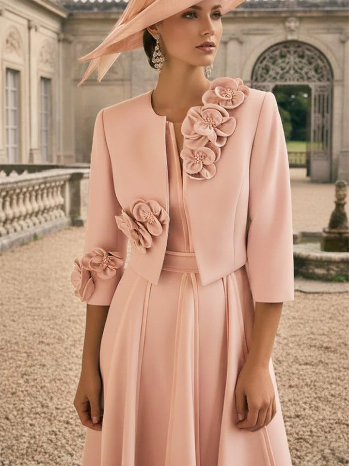 2 Pieces A-Line/Princess V-Neck Tea-Length Mother of the Bride Dress with Jacket & 3D Flower