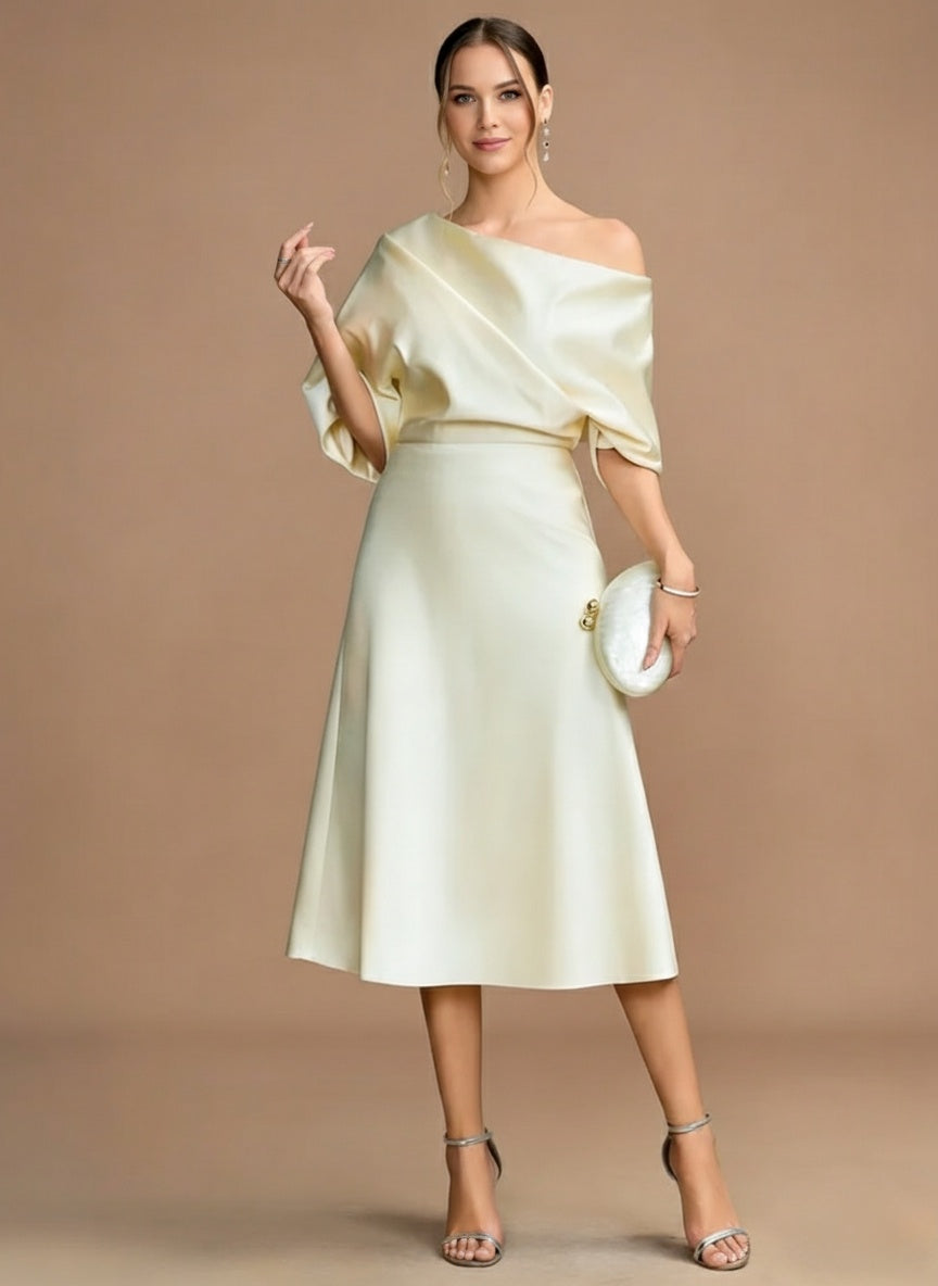 A-Line/Princess One-shoulder Short Sleeves Tea-Length Mother of the Bride Dresses with Ruffles