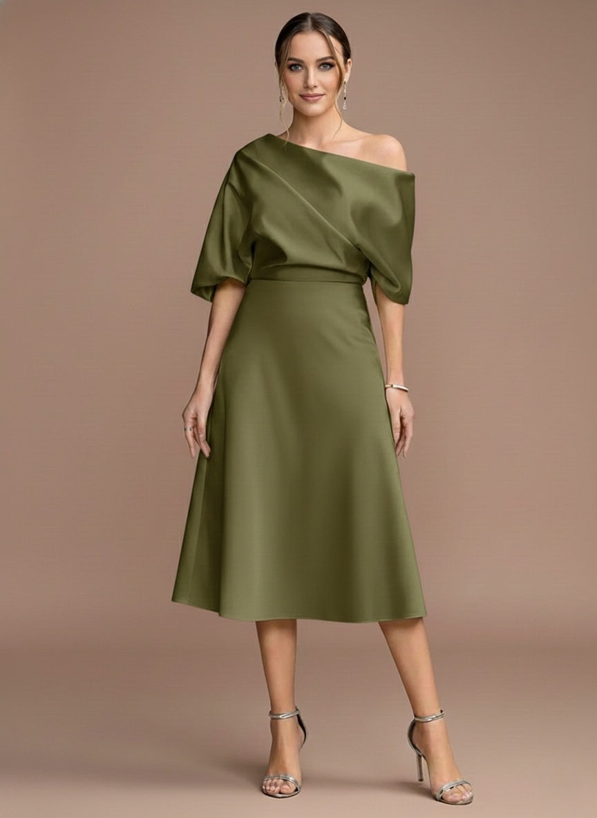 A-Line/Princess One-shoulder Short Sleeves Tea-Length Mother of the Bride Dresses with Ruffles