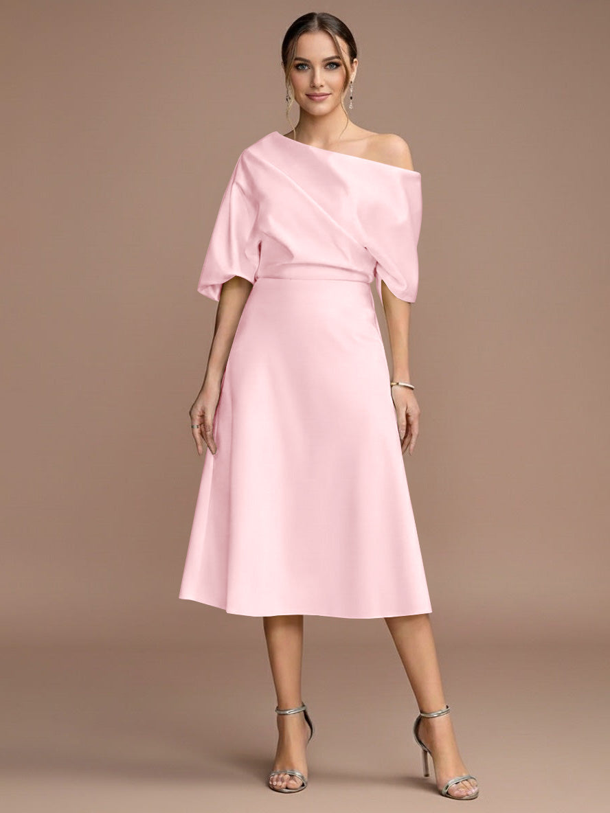 A-Line/Princess One-shoulder Short Sleeves Tea-Length Mother of the Bride Dresses with Ruffles