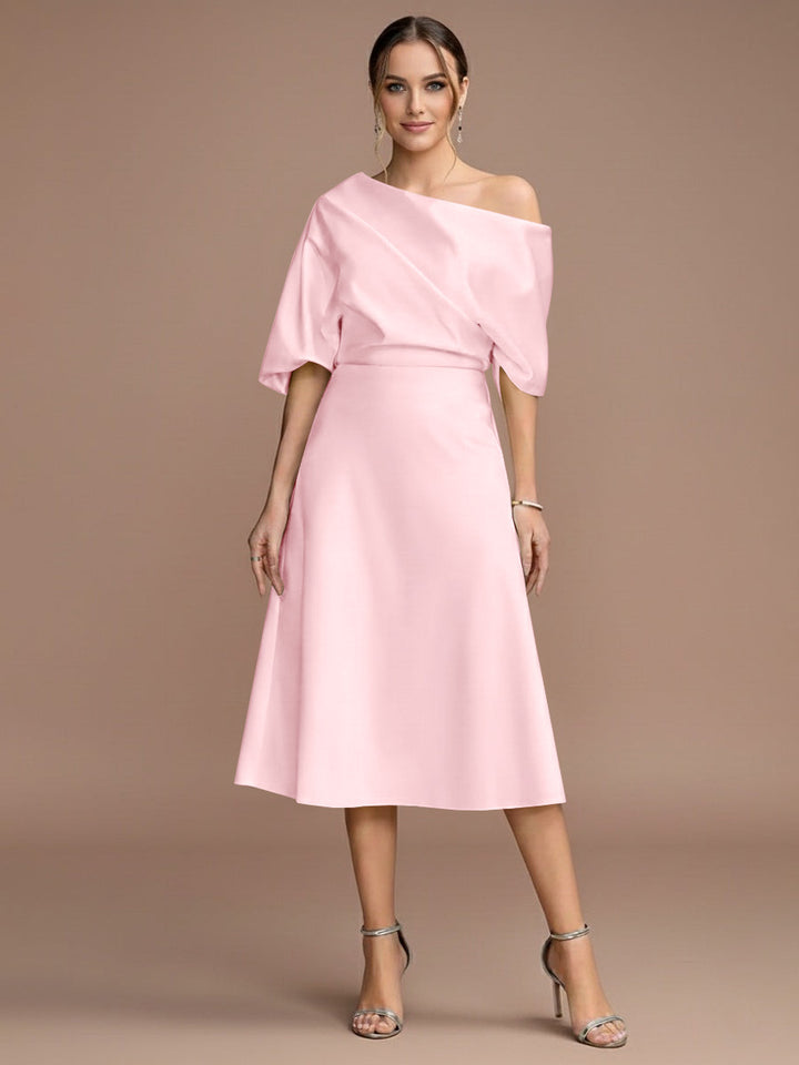 A-Line/Princess One-shoulder Short Sleeves Tea-Length Mother of the Bride Dresses with Ruffles