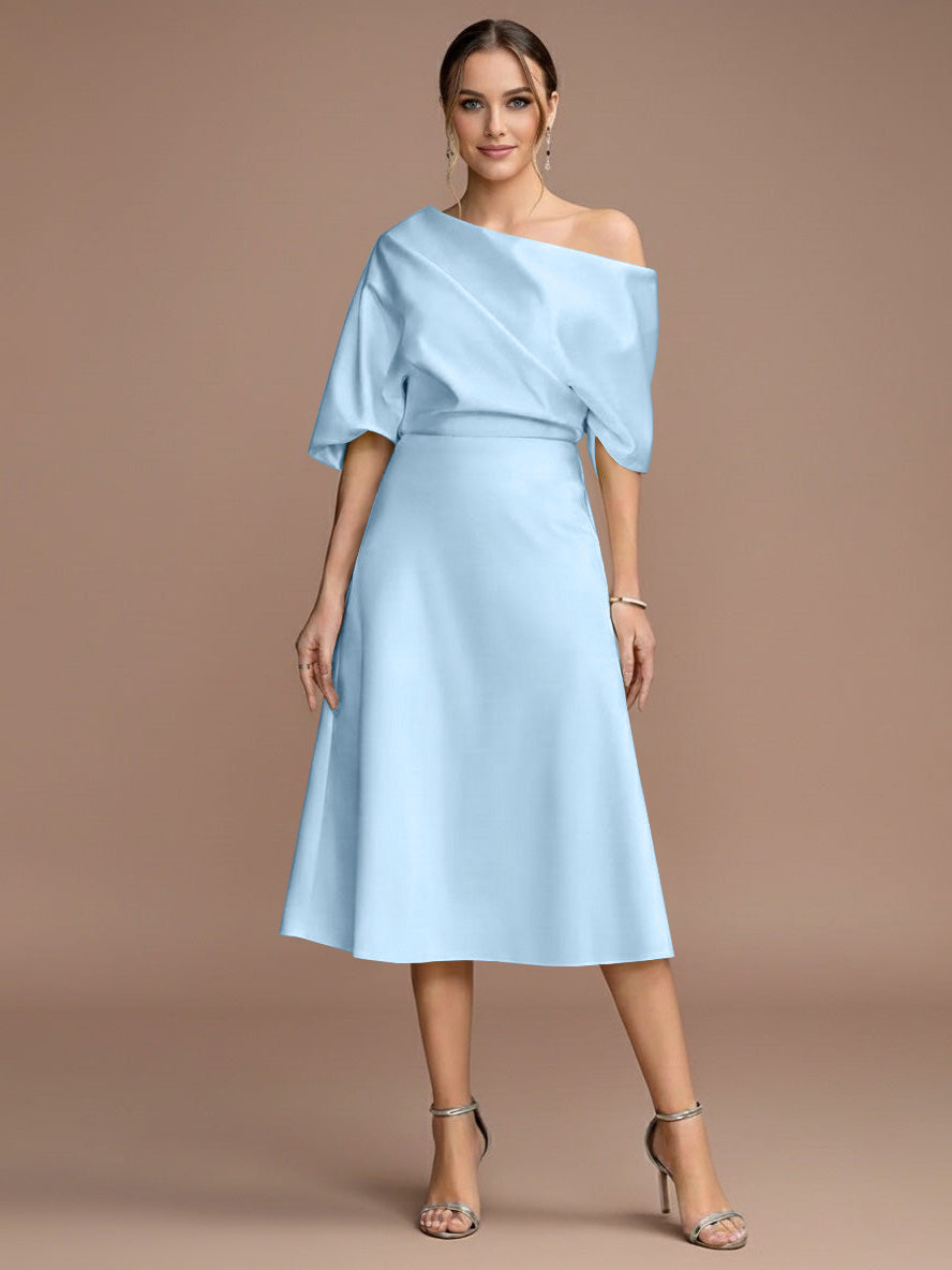A-Line/Princess One-shoulder Short Sleeves Tea-Length Mother of the Bride Dresses with Ruffles