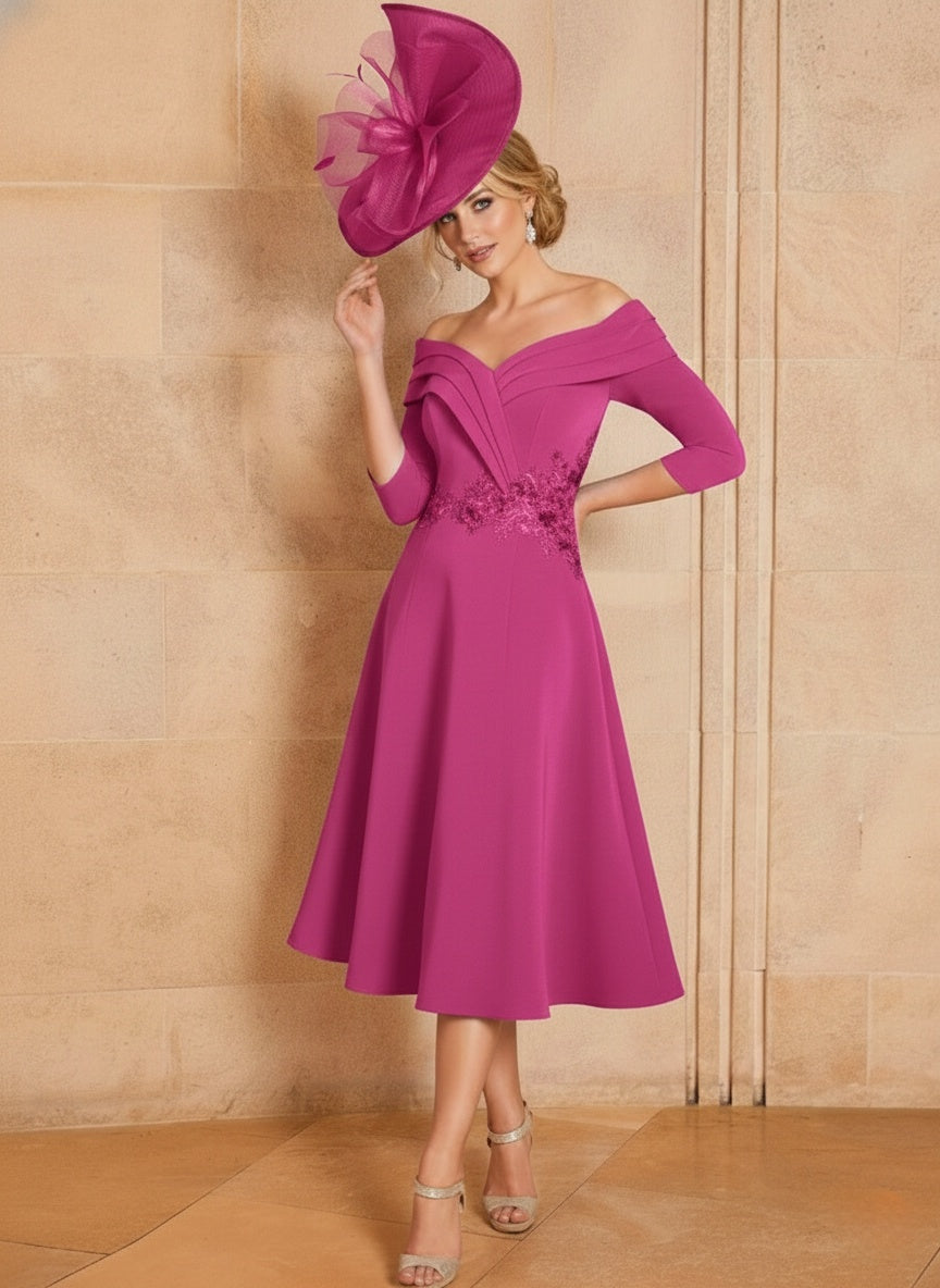 A-Line/Princess V-Neck Tea-Length 3/4 Sleeves Mother of the Bride Dresses with Lace Appliques