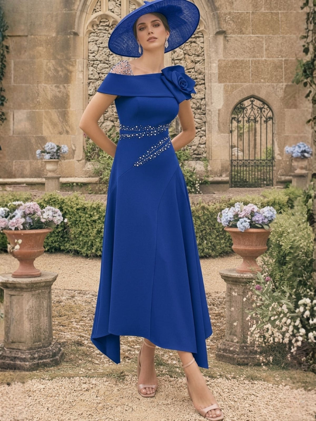 A-Line/Princess One-Shoulder Stretch Satin Mother of the Bride Dresses With 3D Flower Asymmetrical Ankle-Length