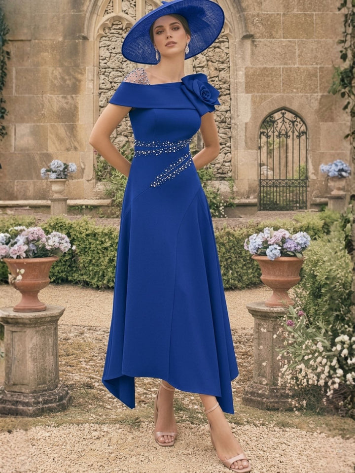 A-Line/Princess One-Shoulder Stretch Satin Mother of the Bride Dresses With 3D Flower Asymmetrical Ankle-Length