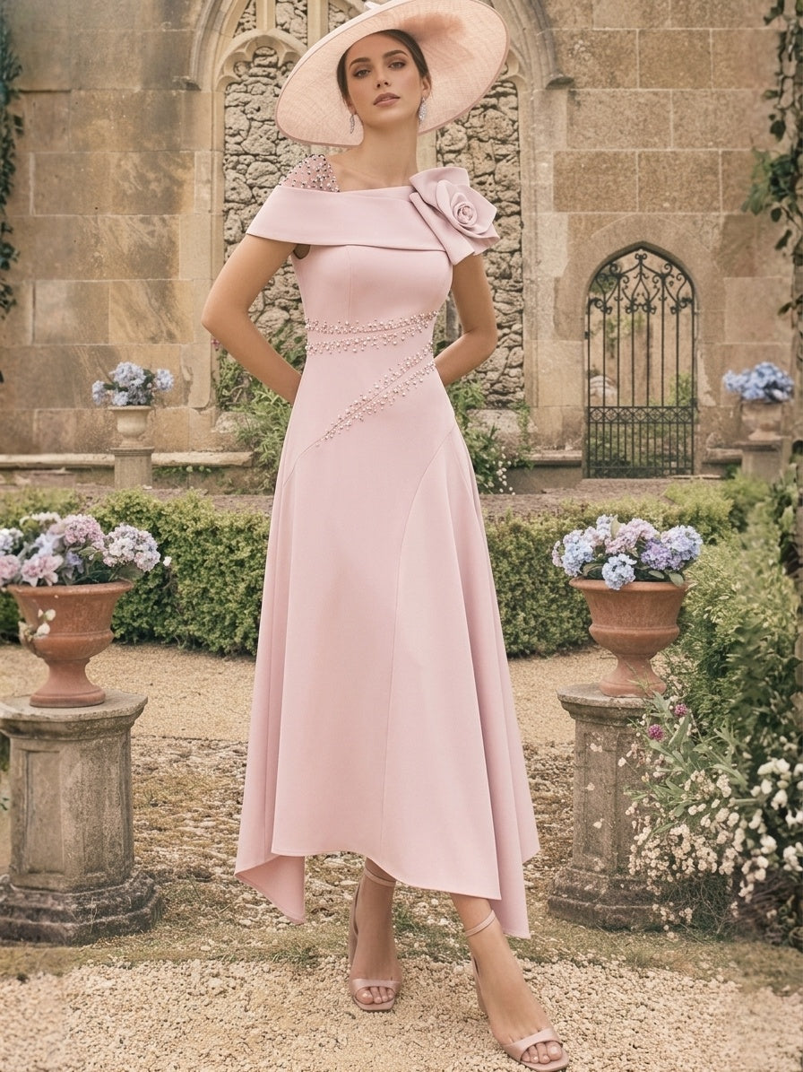 A-Line/Princess One-Shoulder Stretch Satin Mother of the Bride Dresses With 3D Flower Asymmetrical Ankle-Length