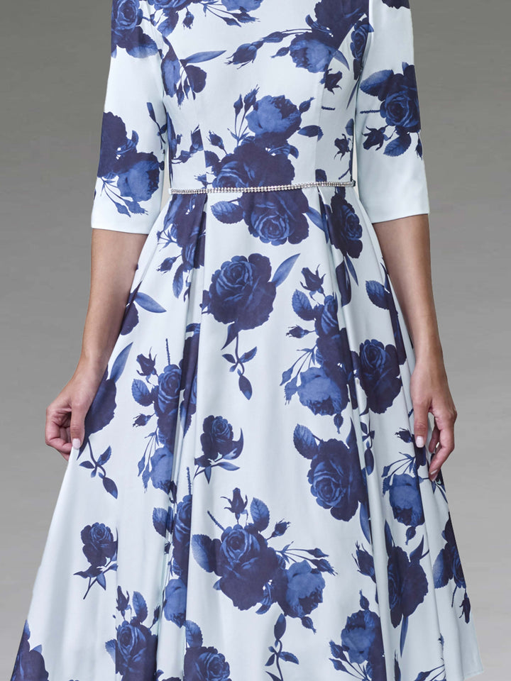 A-Line/Princess Scoop-Neck Tea-Length Printed Flower Mother of the Bride Dresses with Beading