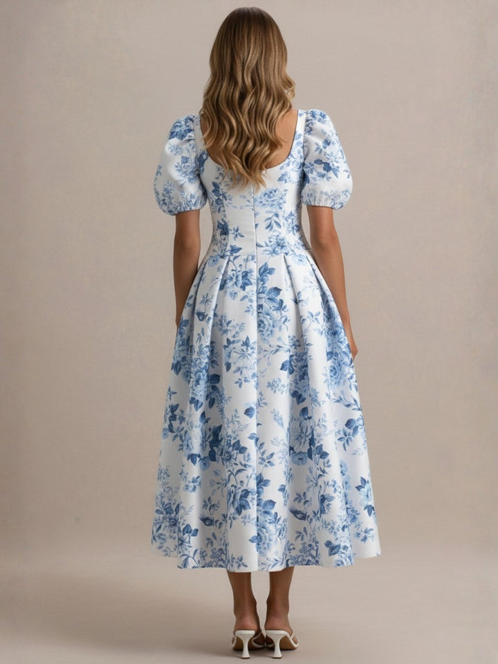 A-Line/Princess Square Collar Printed Flower Mother of the Bride Dresses Tea-Length Puff Sleeves Pleated