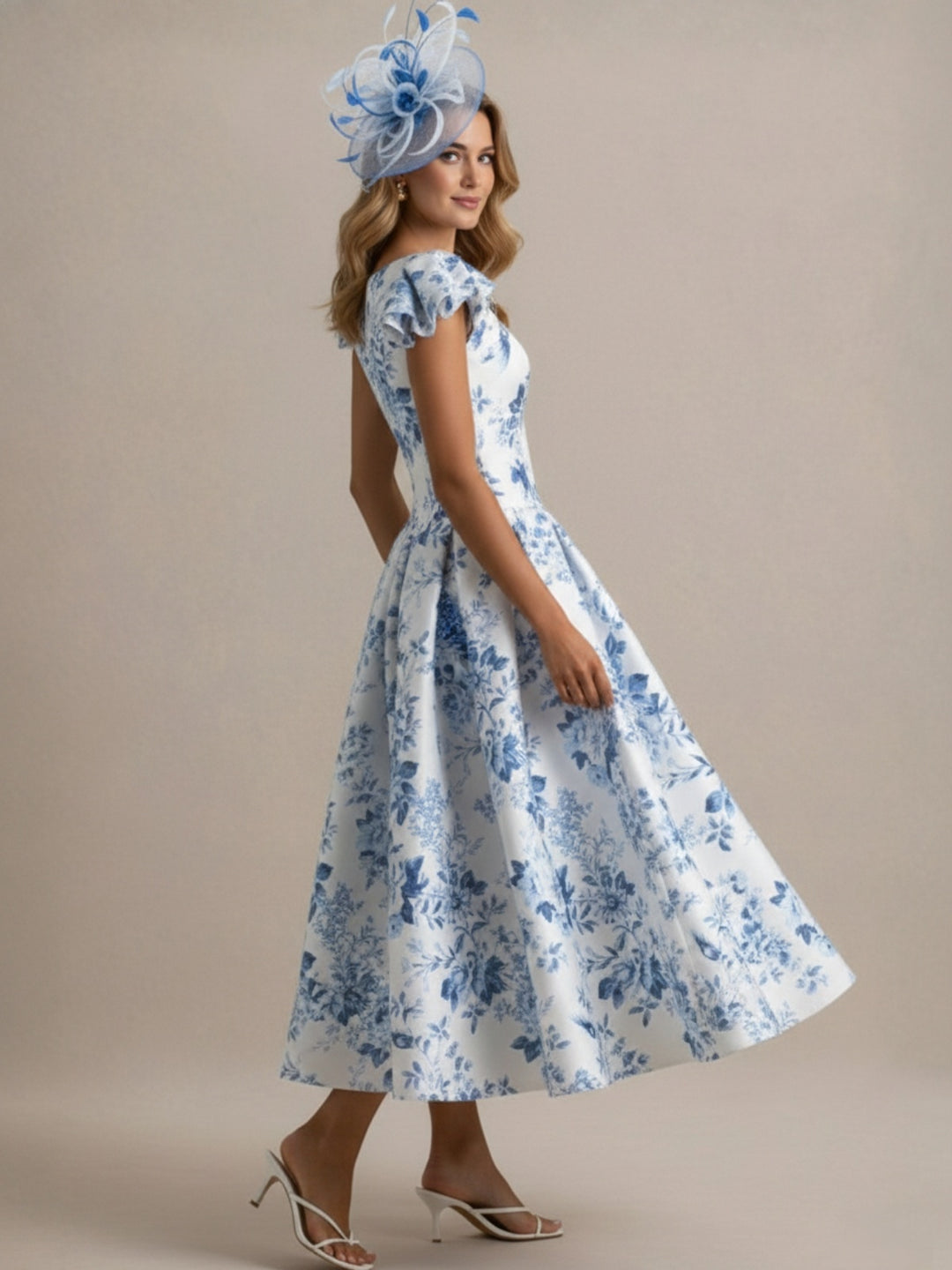 A-Line/Princess Scoop Printed Flower Mother of the Bride Dresses Tea-Length Petal Sleeves Pleated
