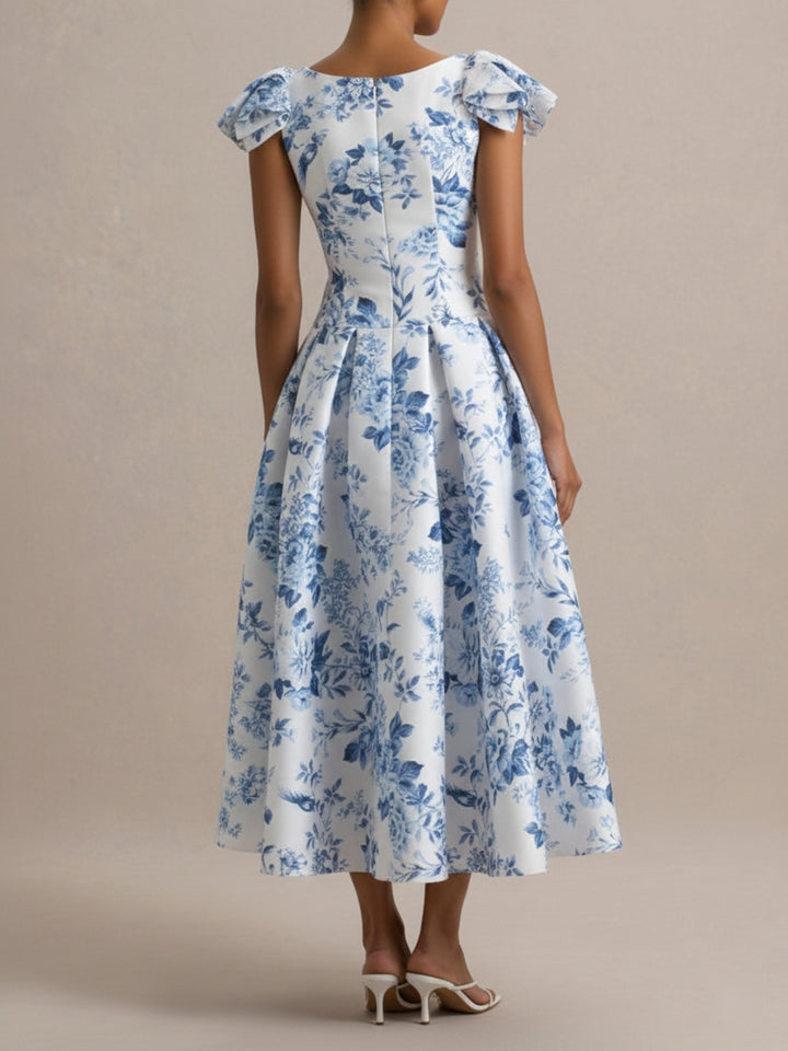 A-Line/Princess Scoop Printed Flower Mother of the Bride Dresses Tea-Length Petal Sleeves Pleated