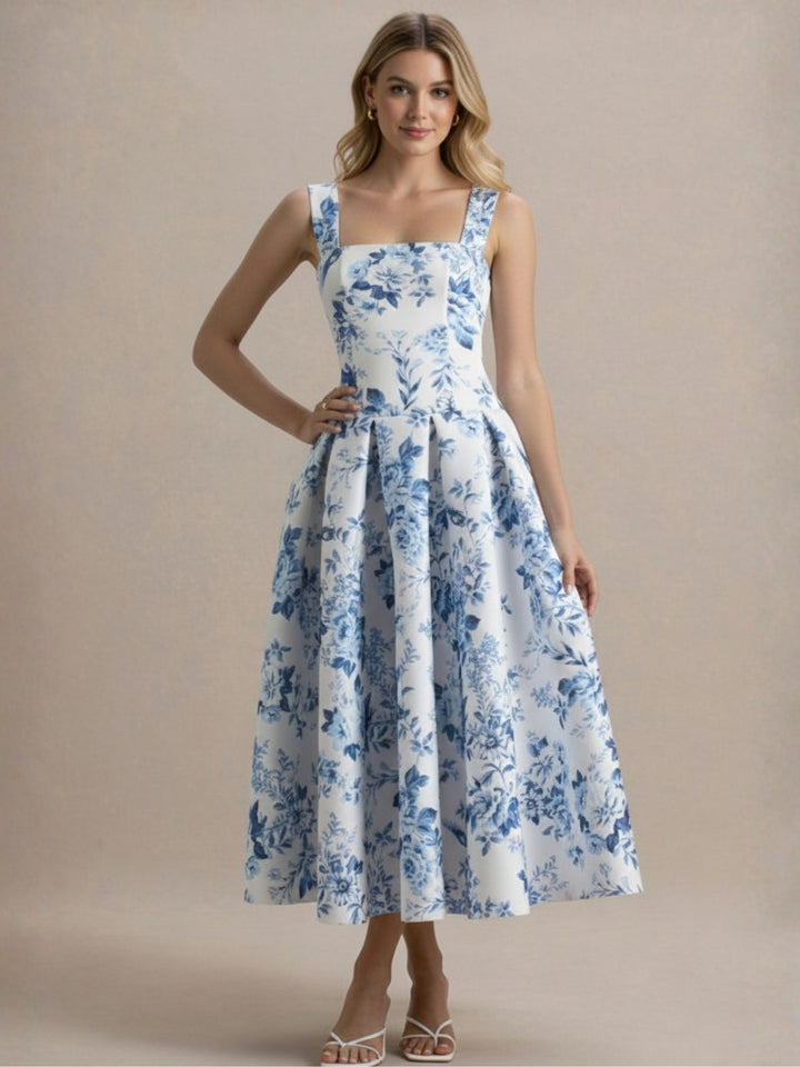 A-Line/Princess Square Collar Printed Flower Wedding Guest Dresses Tea-Length Spaghetti Straps Pleated